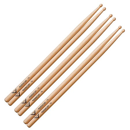 Kit c/ 3 pares - Baqueta Vater American Hickory Drumsticks - Manhattan 7A - Wood Tip