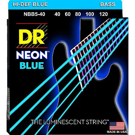EM BREVE: Encordoamento DR Strings NEON Blue Baixo 5 Crds 40-120 Azul - Standard Scale