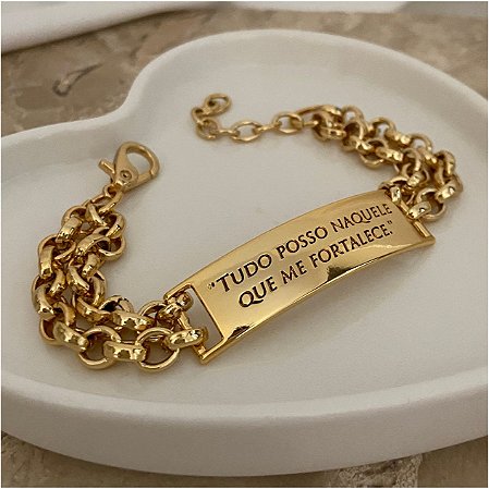 Pulseira Elo Português Placa Tudo Posso