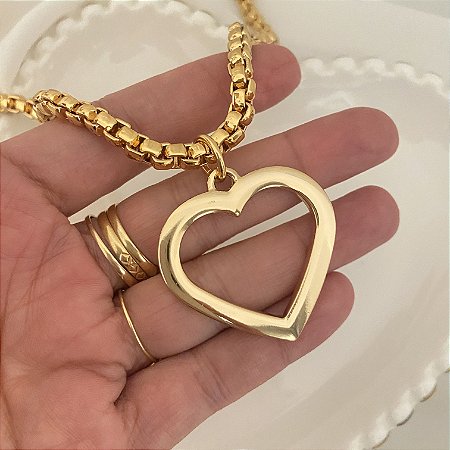 Colar 45Cm Veneziana Grossa Coração Vazado