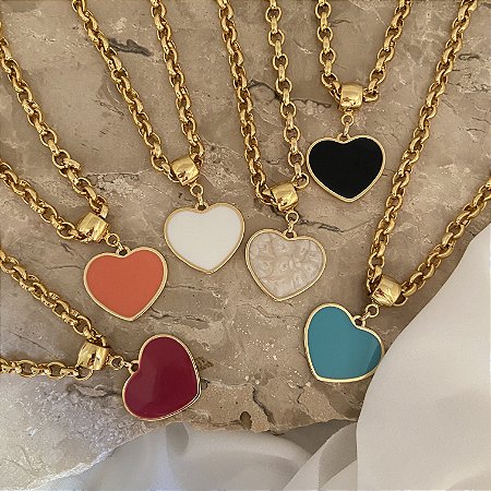Colar 45Cm Elo Português Coração Resina Love