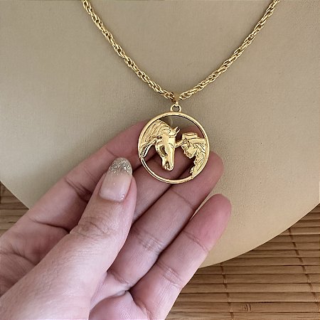 Colar 45cm Elo Duplo Menina e Cavalo