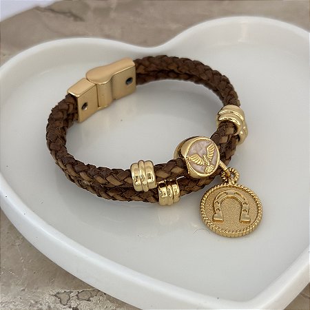 Pulseira Fecho Imã Couro Duplo Ferradura