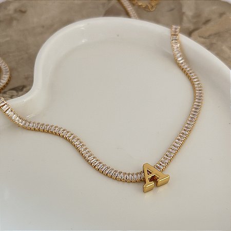 Choker 35Cm Riviera Baguete 2mm Inicial