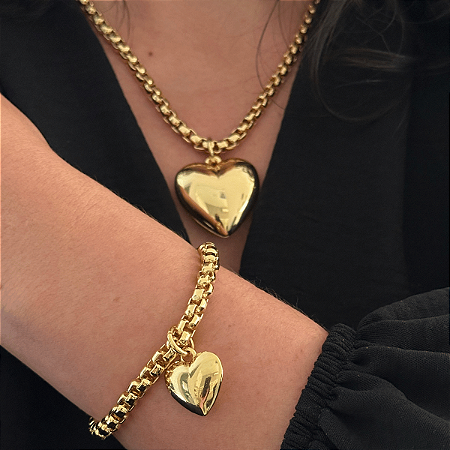Conjunto Colar e Pulseira Coração Cheio