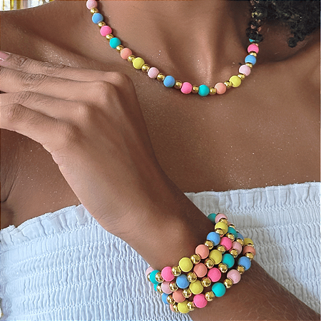Conjunto Carnaval Colar Com 6 Pulseiras Coloridas Bolas