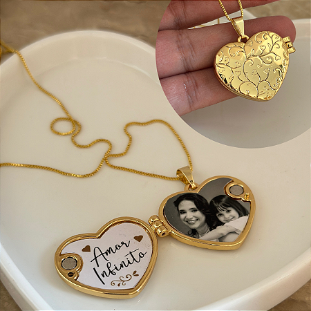 Colar 45cm Veneziana Fina Relicario Coração