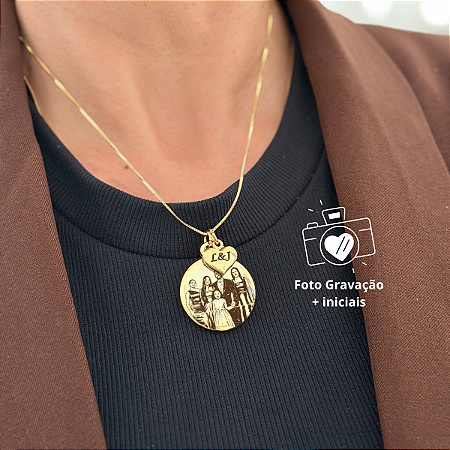 Colar 45cm Medalha Gravação a Laser Foto Desenho Com Iniciais