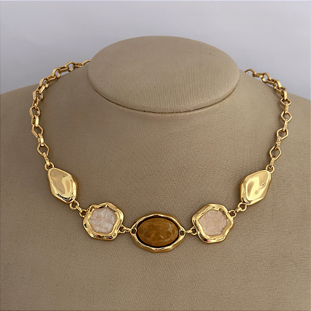 Colar 45cm Elo Corrente Pedras Organico