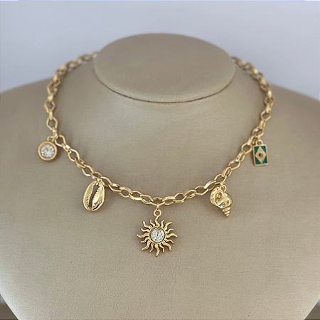 Colar 45cm Elo Corrente Berloques Brasil Sol Praia