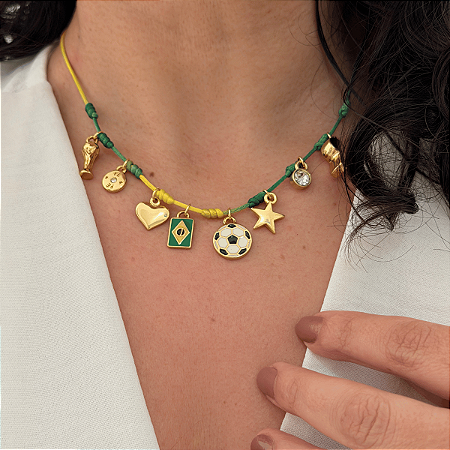 Colar 40cm Fio Cetim Nós Pingentes Brasil