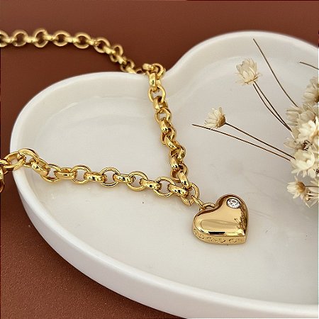 Colar e Pulseira Elo Portugues Coração Cristal