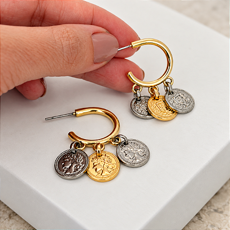 Brinco Argola Medalhas Moeda Antiga