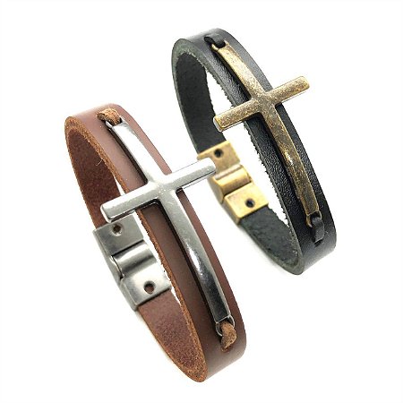 Pulseira Masc Fecho Imã Couro Cruz