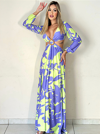 Vestido Longo Estampado Manga Longa