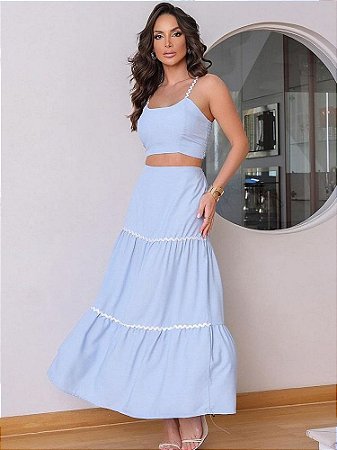 Conjunto Feminino Cropped e Saia Longa Azul Claro