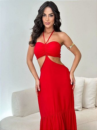 Vestido Longo com Recorte e Alcinha Vermelho e Branco