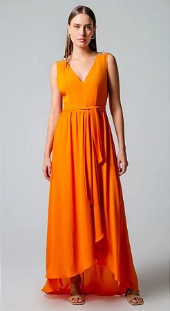 Vestido Maria.Valentina Longo Decote V Detalhe Ombro Laranja
