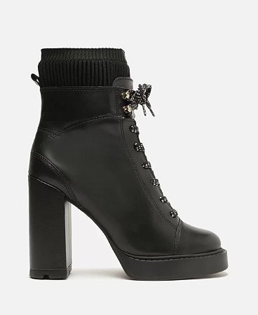 Bota Preta Couro Cano Curto Amarração Knit