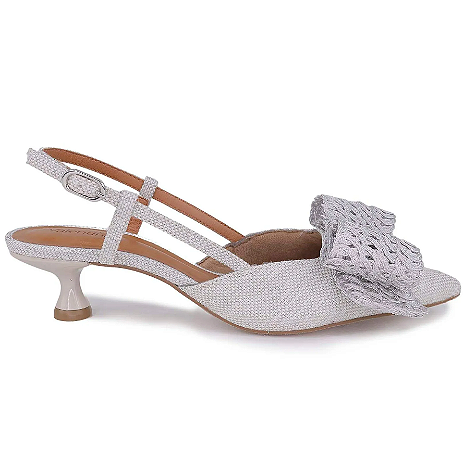 Kitten Heels Slingback Penelope com Laço Tramado Salto Baixo Valentina Flats Cinza