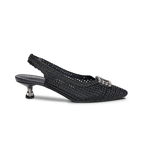 Kitten Heels Slingback Tramado Sophie Pedraria Salto Baixo Valentina Flats Preto