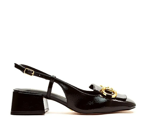 Slingback Verniz Preto Salto Baixo Cecconello