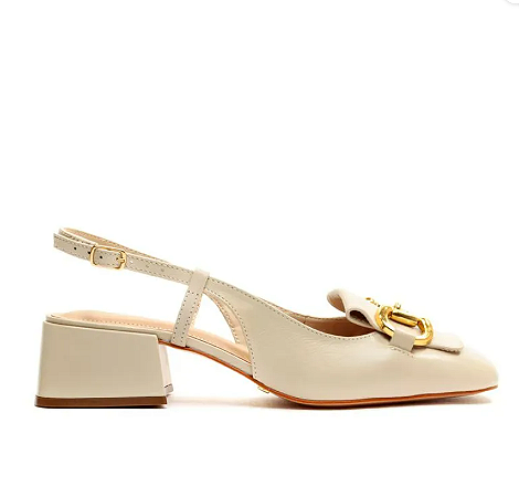 Slingback Couro Off White Salto Baixo Cecconello