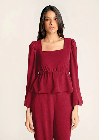 Blusa Zinco Decote Quadrado Manga Longa Detalhe Elástico Bordo