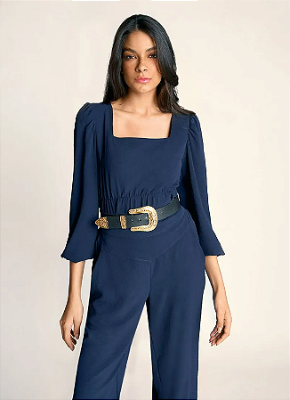Blusa Zinco Decote Quadrado Manga Longa Detalhe Elástico Azul Marinho