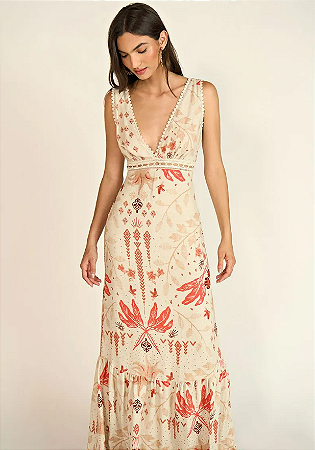 Vestido Zinco Longo Decote V Com Entremeio Cru