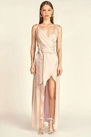 Vestido Zinco Longo Decote V Com Fenda Rosa