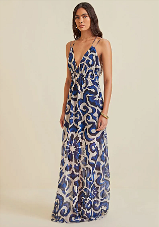 Vestido Morena Rosa Longo Decote V Canaleta Cintura Azul