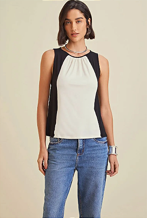 Blusa Morena Rosa Decote Redondo Sem Manga Composê De Cores Preto