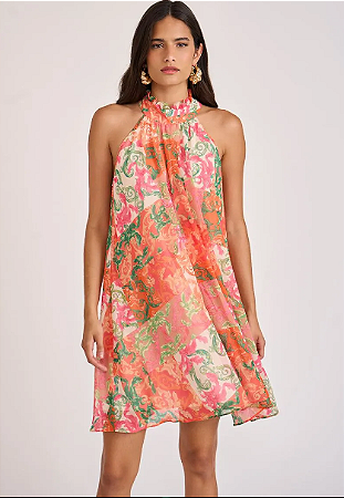 Vestido Zinco Curto Gola Alta Com Babado Laranja