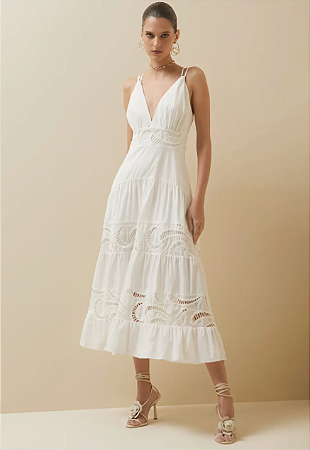 Vestido Morena Rosa Midi Decote V Detalhe Renda Off White