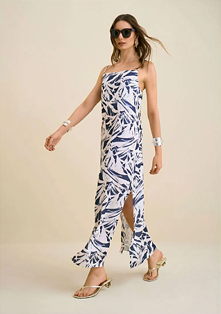 Vestido Morena Rosa Midi Decote Reto Com Cinto Azul Marinho