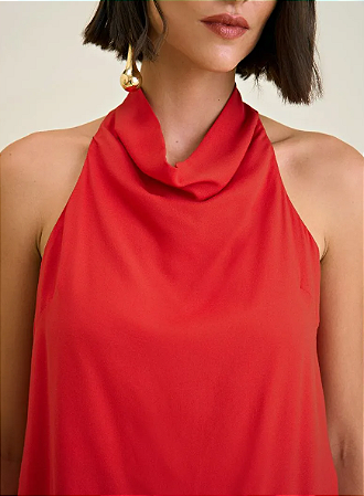 Blusa Morena Rosa Gola Alta Sem Manga Abertura Cóstas Vermelho