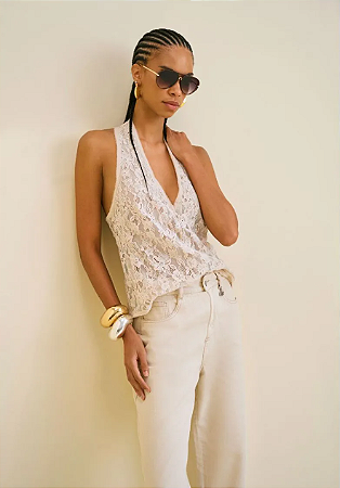 Blusa Morena Rosa Decote V Cava Francesa Detalhe Renda Cru