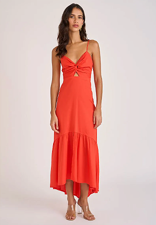 Vestido Zinco Midi Decote V Com Lastex Vermelho