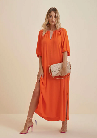 Vestido Morena Rosa Midi Decote Redondo Com Faixa Laranja
