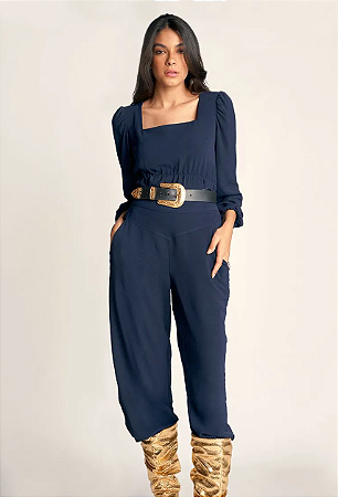 Calca Zinco Pantalona Cós Alto Bolso Faca Azul