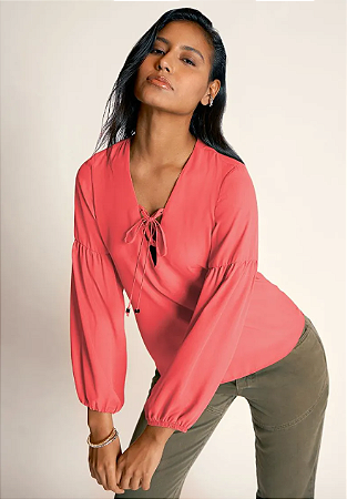 Blusa Zinco Decote V Manga Longa Com Amarração Rosa