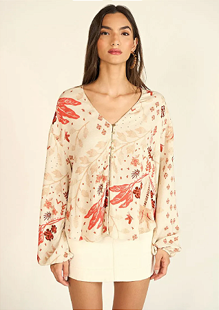 Blusa Zinco Decote V Manga Longa Com Botão Cru