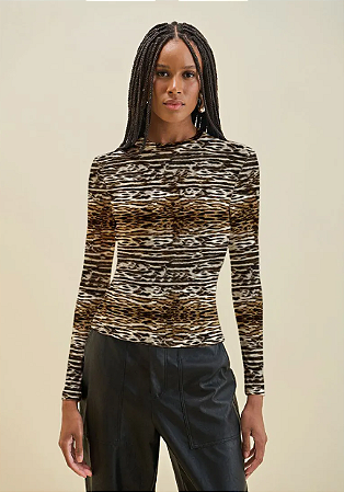 Camiseta Morena Rosa Ajustada Decote Careca Manga Longa Padrão Marrom