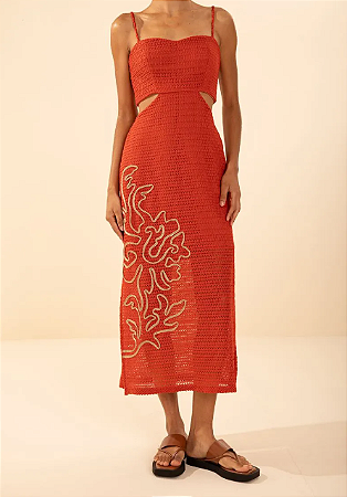 Vestido Morena Rosa Ajustado Decote Reto Com Alça Midi Vermelho