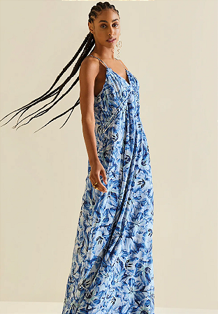 Vestido Morena Rosa Longo Azul Decote V Solto