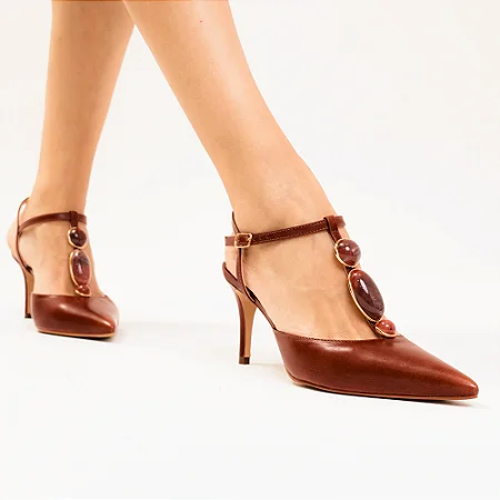 Slingback Couro Marrom Salto Médio Cecconello