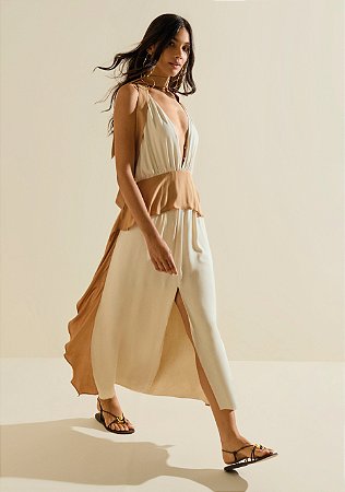 Vestido Morena Rosa Decote V Com Alça Midi Bege