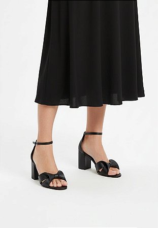 Sandália Preta Salto Bloco Couro Feminina