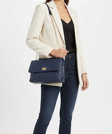 Bolsa Azul Marinho Couro Gloss Alça Dupla